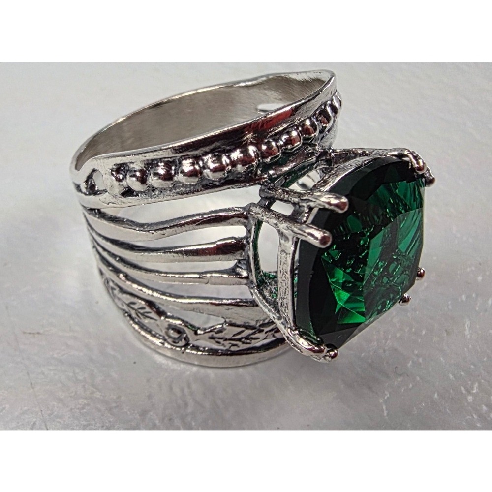 Jean Rachel 925‎ Sterling Silver Emerald Cushion Cubic Zirconia Ring Leaf Size 8